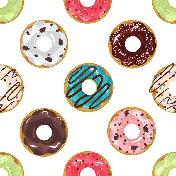 Lindos donuts con acristalamiento de colores sin costura patrón vector . — Vector de stock