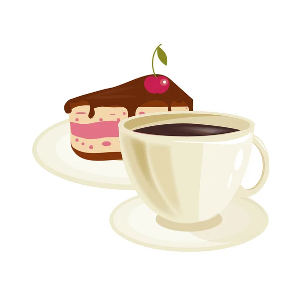 Cream cherry cake and coffee cup vector. — Stock Vector