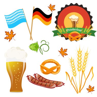 İzole üzerinde beyaz vektör Oktoberfest için düz tasarım simgeler kümesi.