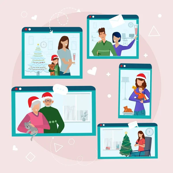 オンラインクリスマスは人々の電話画面を祝う。人とコンピュータやスマートフォンの画面のベクトル図. — ストックベクタ