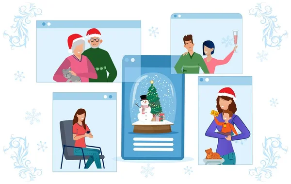 Онлайн святкування Різдва людей екран телефону. Векторні ілюстрації екранів комп'ютерів і смартфонів з людьми . — стоковий вектор