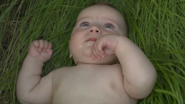 Happy baby in de zomer op de natuur — Stockvideo