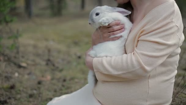 Дівчина і білий кролик — стокове відео