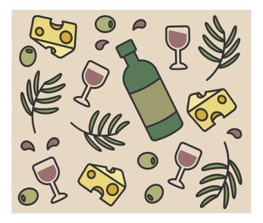 dizi vektör simgeler, şişe şarap, zeytin, peynir,