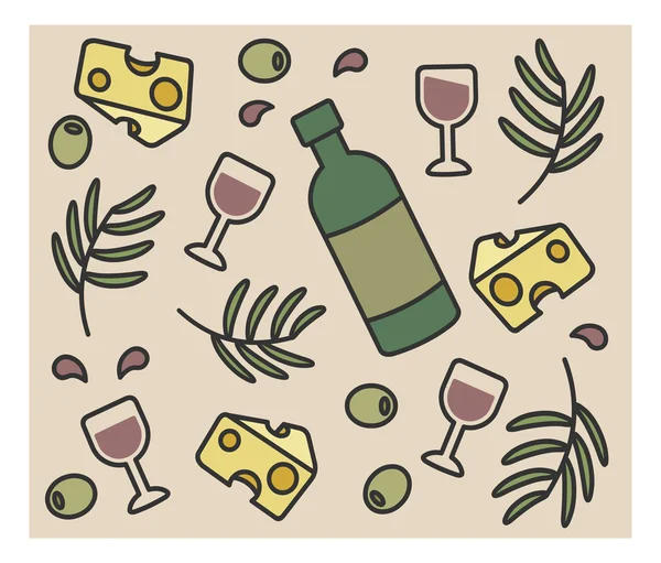 Conjunto de iconos vectoriales, vino de botella, aceitunas, queso , — Archivo Imágenes Vectoriales