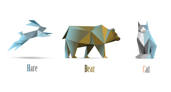 Illustrazione poligonale vettoriale di animali gatto, orso, lepre, icone moderne a basso poli, isolato in stile origami — Vettoriale Stock