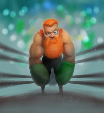 Illustration of very angry boxer with red beard, funny cartoon man character clipart