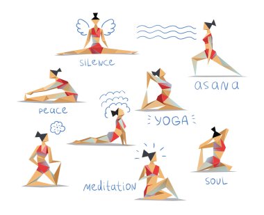 Vektör yoga pozlar poligonal illüstrasyon ayarlayın. Yoga egzersizleri yapan kadınlar