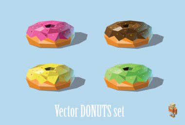 Donutvektör seti illüstrasyon; çikolata, çilek, nane, mellon 