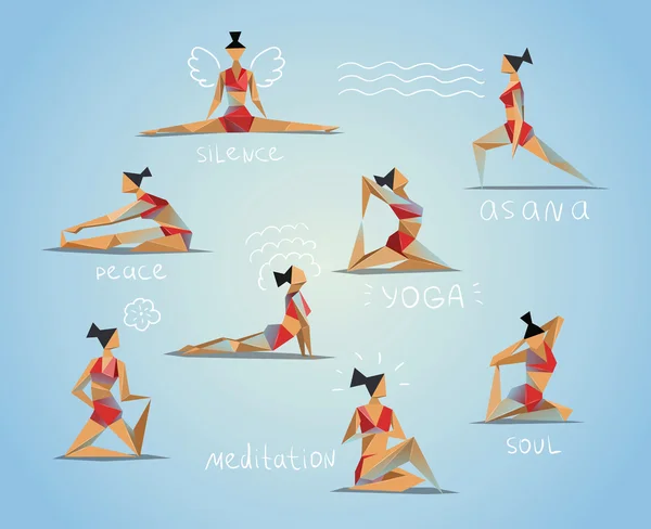 Vektor-Set polygonale Illustration von Yoga-Posen. Frauen machen Yoga-Übungen — Stockvektor