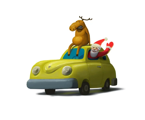 Ilustración de coche amarillo con alce en el techo y Santa Claus en el interior — Foto de Stock