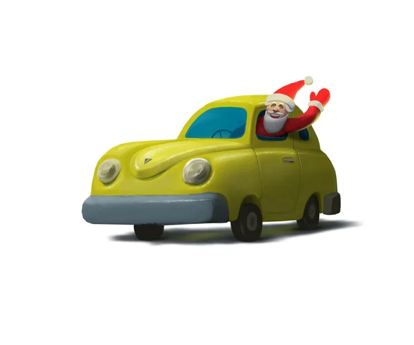 Ilustración de coche amarillo con Santa Claus dentro, Santa conduciendo un coche — Foto de Stock