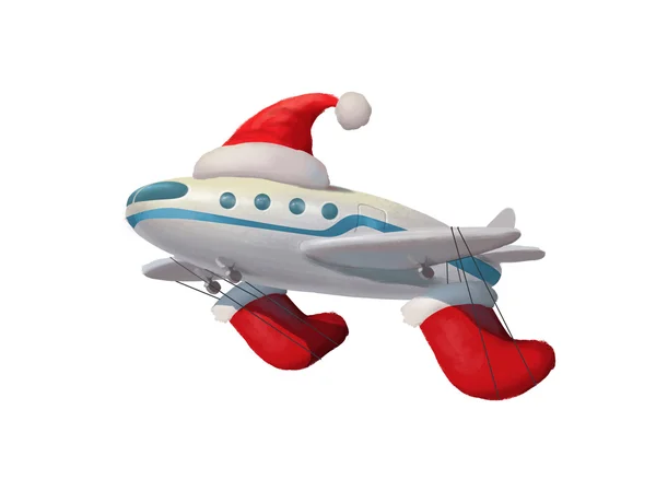 Ilustración de aviones en el sombrero de Santa Claus con regalos en calcetines — Foto de Stock