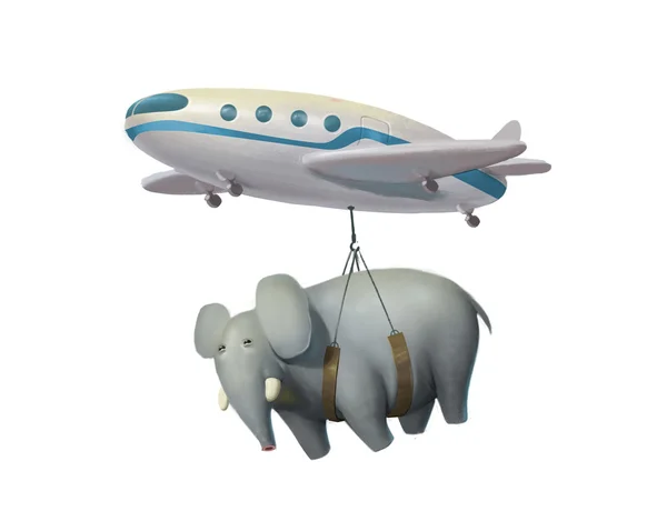 Illustration of aircraft transporting an elephant, world shipping, delivery — Stock Photo, Image