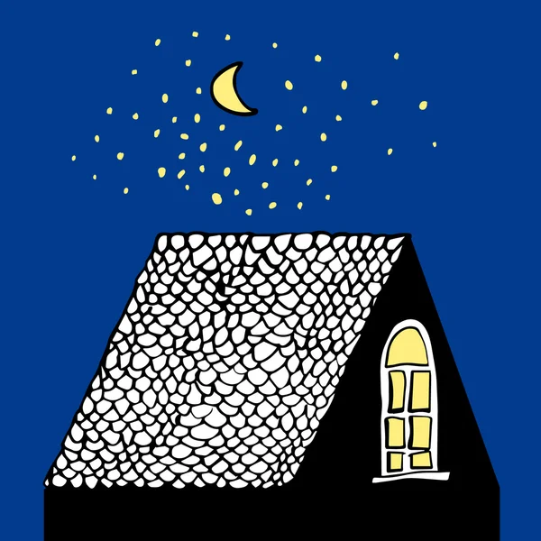 Ilustración dibujada a mano vectorial con techo de casa lindo, estrellas y luna — Vector de stock