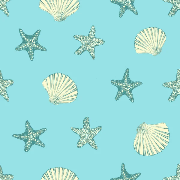 Marine seamless background from sea shells and stars. Hand drawn — Stock Vector