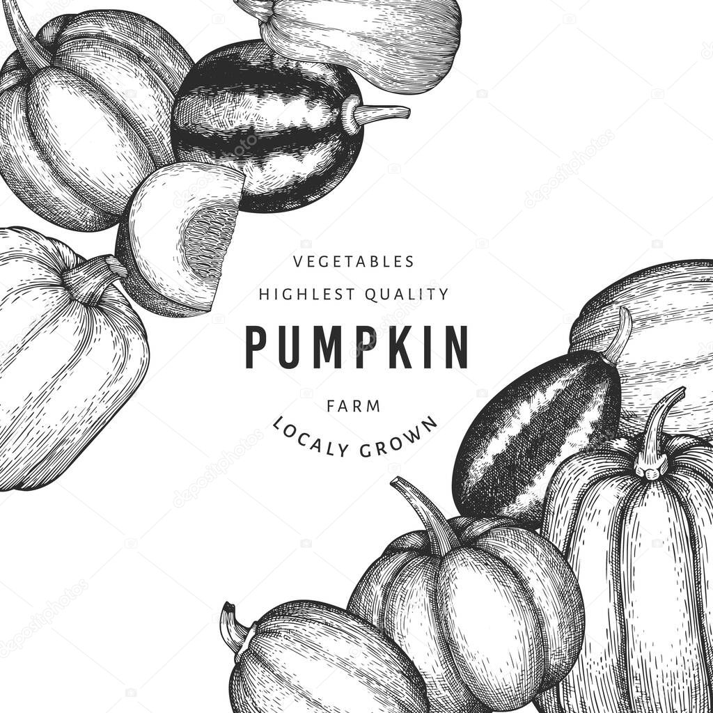 Pumpkin color design template. Vector hand drawn illustrations. Thanksgiving backdrop in retro style with pumpkin harvest. Autumn background.