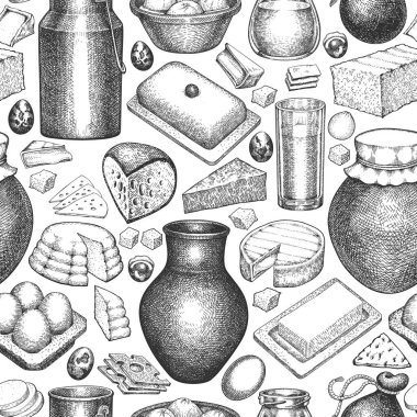 Çiftlik yiyecekleri kusursuz. El çizimi vektör sütçü çizimi. İşlenmiş stil farklı süt ürünleri ve yumurta pankartları. Retro gıda arka planı.