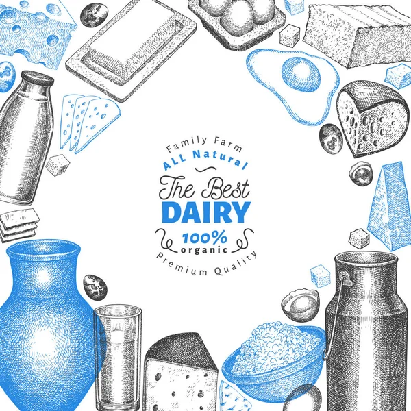 ファームフードデザインテンプレート 手描きベクトル乳製品イラスト スタイルの異なる牛乳製品や卵のバナーを刻ま レトロな食べ物の背景 — ストックベクタ