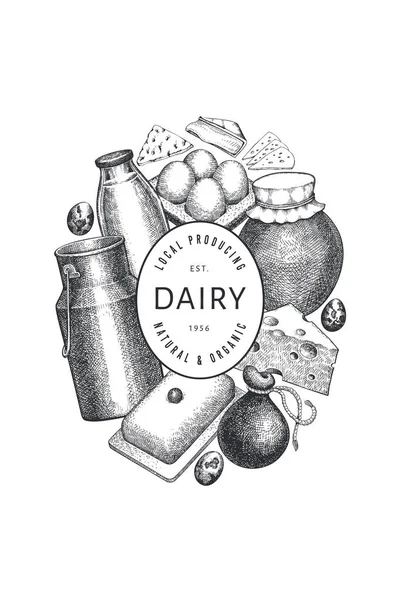 Πρότυπο Σχεδιασμού Γεωργικών Τροφίμων Χειροποίητη Διανυσματική Εικόνα Γάλακτος Χαραγμένο Στυλ — Διανυσματικό Αρχείο