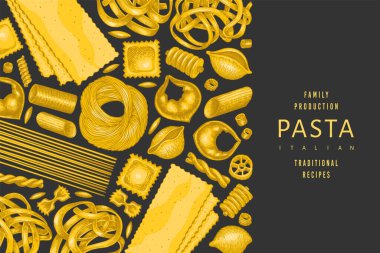 İtalyan makarna tasarımı şablonu. El çizimi vektör besin çizimi. Klasik makarna farklı türde arka plan.