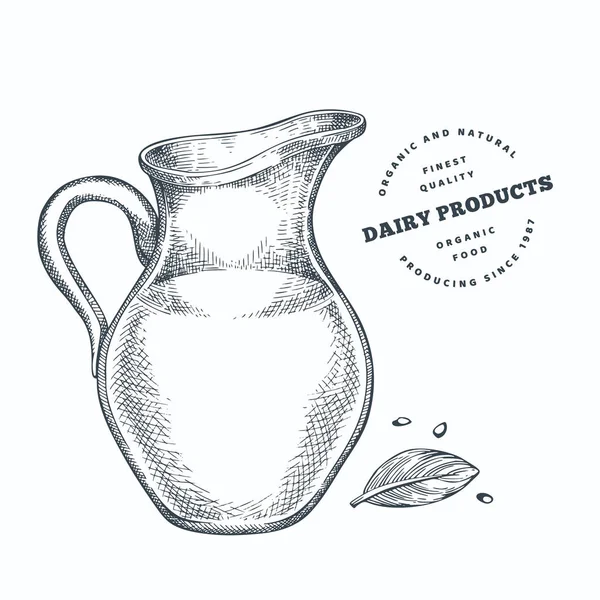 手描きのスケッチスタイルのミルクグラスジャグ 有機生鮮食品のベクトル図は 白い背景に隔離された レトロな乳製品イラスト 彫刻風素朴な絵 — ストックベクタ