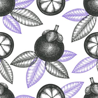 El çizimi taslak, mangoseronlu, pürüzsüz desen. Organik taze gıda vektör çizimi. Retro meyve arkaplanı.
