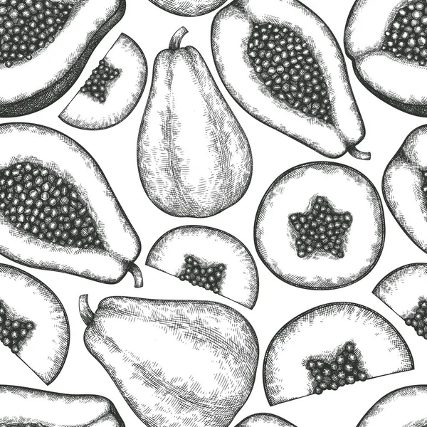 手描きのスケッチスタイルパパイヤシームレスパターン オーガニックフレッシュフルーツベクトルイラスト レトロフルーツの背景 — ストックベクタ
