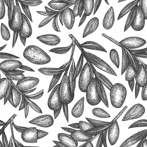 Handgezeichnete Skizze Mandel Nahtlose Muster Organische Vektordarstellung Auf Weißem Hintergrund — Stockvektor