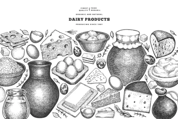 Mezőgazdasági Élelmiszer Tervezési Sablon Kézzel Rajzolt Vektor Tejtermék Illusztráció Gravírozott — Stock Vector