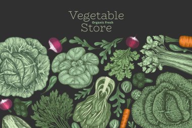 El yapımı renkli sebze tasarımı. Organik taze besin taşıyıcı afiş şablonu. Retro sebze arka planı. Geleneksel botanik çizimler.