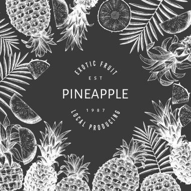 El çizimi ananas pankartı. Tebeşir tahtasında organik taze meyve vektör çizimi. Botanik tasarım şablonu.
