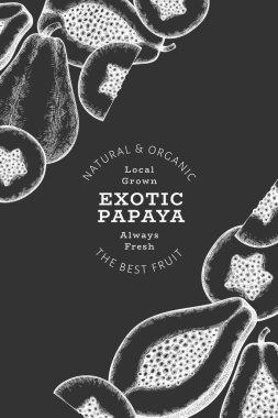 El çizimi papaya afişi. Tebeşir tahtasında organik taze meyve vektör çizimi. Retro meyve tasarım şablonu