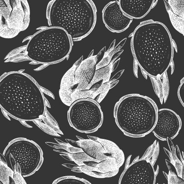 El yapımı ejderha meyvesi pürüzsüz desen. Tebeşir tahtasında organik taze gıda vektör çizimi. Retro pitaya meyve arkaplanı.