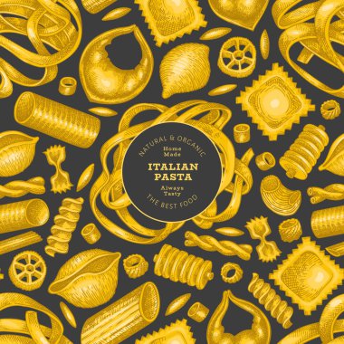 İtalyan makarna tasarımı şablonu. El çizimi vektör besin çizimi. Klasik makarna farklı türde arka plan.