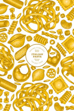 İtalyan makarna tasarımı şablonu. El çizimi vektör besin çizimi. Klasik makarna farklı türde arka plan.