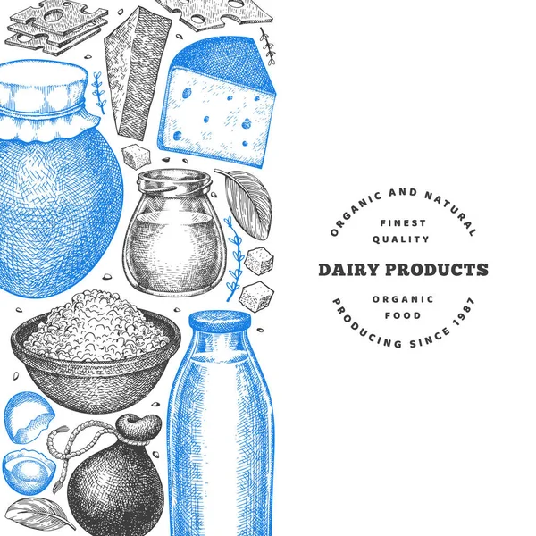 ファームフードデザインテンプレート 手描きベクトル乳製品イラスト スタイルの異なる牛乳製品や卵のバナーを刻ま レトロな食べ物の背景 — ストックベクタ