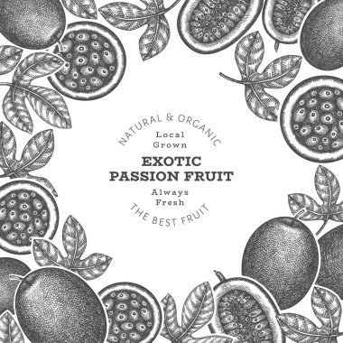 Elle çizilmiş eskiz tarzı tutku meyveli pankart. Organik taze meyve vektörü çizimi. Retro egzotik meyve tasarım şablonu