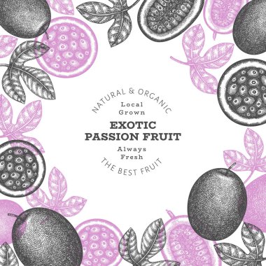 Elle çizilmiş eskiz tarzı tutku meyveli pankart. Organik taze meyve vektörü çizimi. Retro egzotik meyve tasarım şablonu