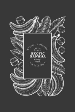 Elle çizilmiş muz pankartı. Tebeşir tahtasında organik taze meyve vektör çizimi. Retro egzotik meyve tasarım şablonu