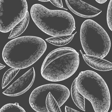 El yapımı eskiz stili mango pürüzsüz desen. Tebeşir tahtasında organik taze meyve vektör çizimi. Retro mango meyve arkaplanı.