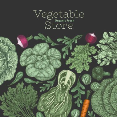 El yapımı renkli sebze tasarımı. Organik taze besin taşıyıcı afiş şablonu. Retro sebze arka planı. Geleneksel botanik çizimler.