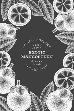 El çizimi mangosteen tasarım şablonu. Tebeşir tahtasında organik taze gıda vektör çizimi. Retro meyve pankartı.