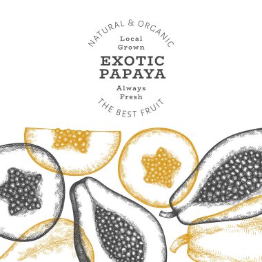 El çizimi papaya afişi. Organik taze meyve vektörü çizimi. Retro meyve tasarım şablonu