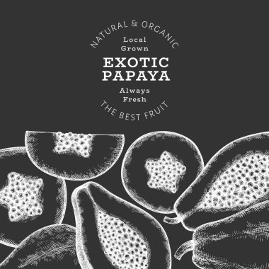 El çizimi papaya afişi. Tebeşir tahtasında organik taze meyve vektör çizimi. Retro meyve tasarım şablonu