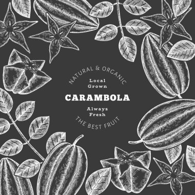 Elle çizilmiş eskiz tarzı Carambola afişi. Tebeşir tahtasında organik taze meyve vektör çizimi. Retro meyve tasarım şablonu