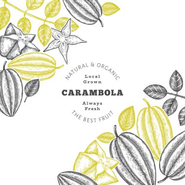 Elle çizilmiş eskiz tarzı Carambola afişi. Organik taze meyve vektörü çizimi. Retro meyve tasarım şablonu