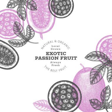 Elle çizilmiş eskiz tarzı tutku meyveli pankart. Organik taze meyve vektörü çizimi. Retro egzotik meyve tasarım şablonu