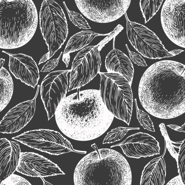 Elma dalı kusursuz desen. Tebeşir tahtasında el çizimi vektör meyve çizimi. İşlenmiş stil meyve retro botanik afişi.