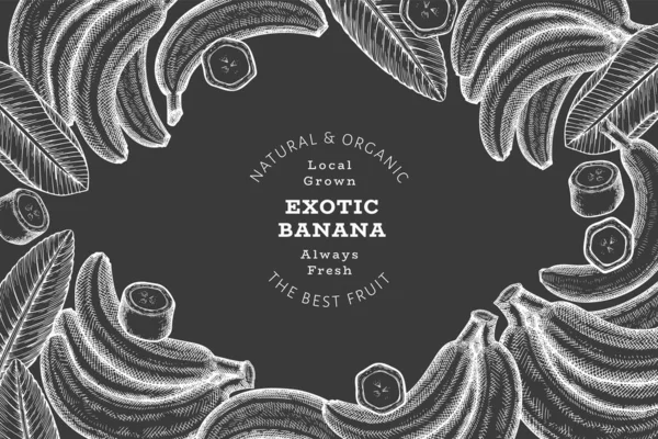 Elle çizilmiş muz pankartı. Tebeşir tahtasında organik taze meyve vektör çizimi. Retro egzotik meyve tasarım şablonu